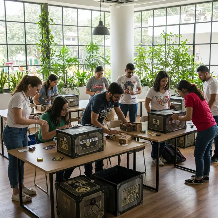 Equipo de trabajo resolviendo una dinámica de escape room dentro de su oficina